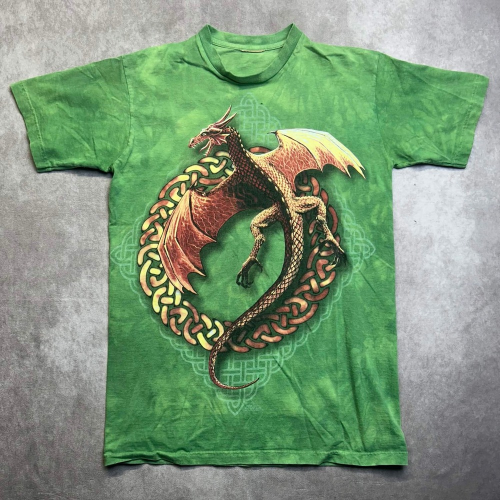 The Mountain Vintage Green Tie Dye Red Dragon Celtic Knot Graphic T-Shirt Medium